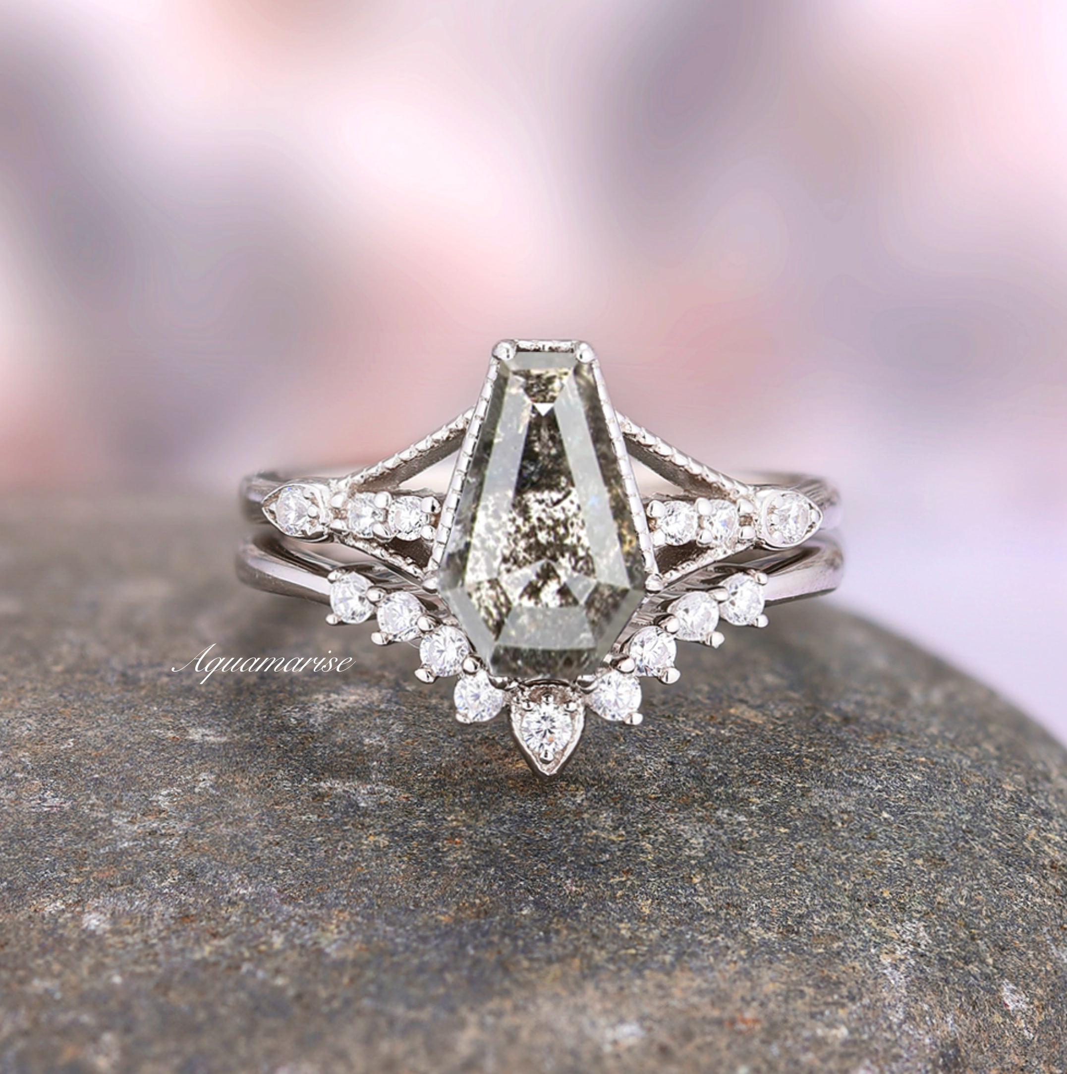 Natural Salt and Pepper Diamond Ring (Herkimer Diamond) in Sterling Silver - Elegant Wedding Band, Unique Engagement Ring for Women, Perfect Gift for Anniversary & Special Occasions