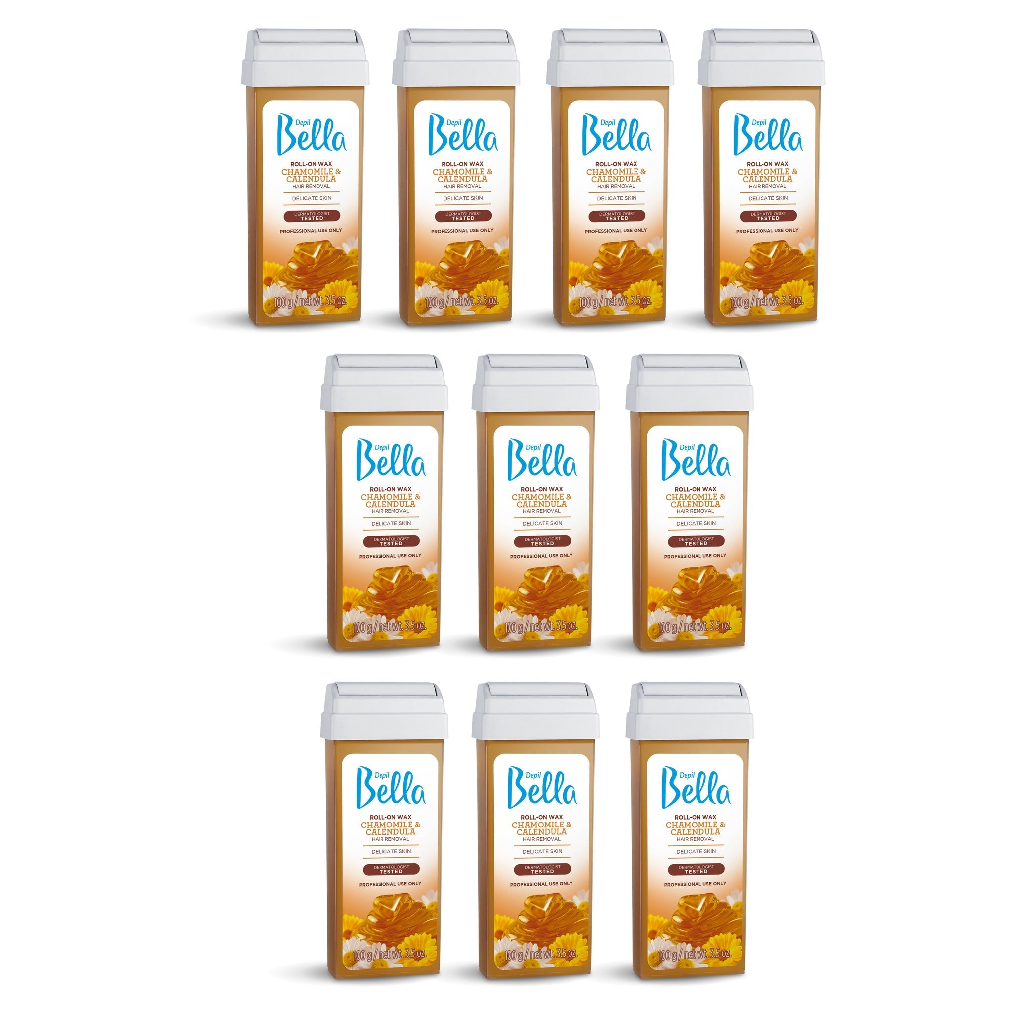 Depil Bella Roll-On Wax Hair Removal Cartridges - Chamomile & Calendula for Smooth Skin - 3.52 Oz (10 Units) - Perfect for Legs, Arms, Bikini & Facial Hair Removal at Home