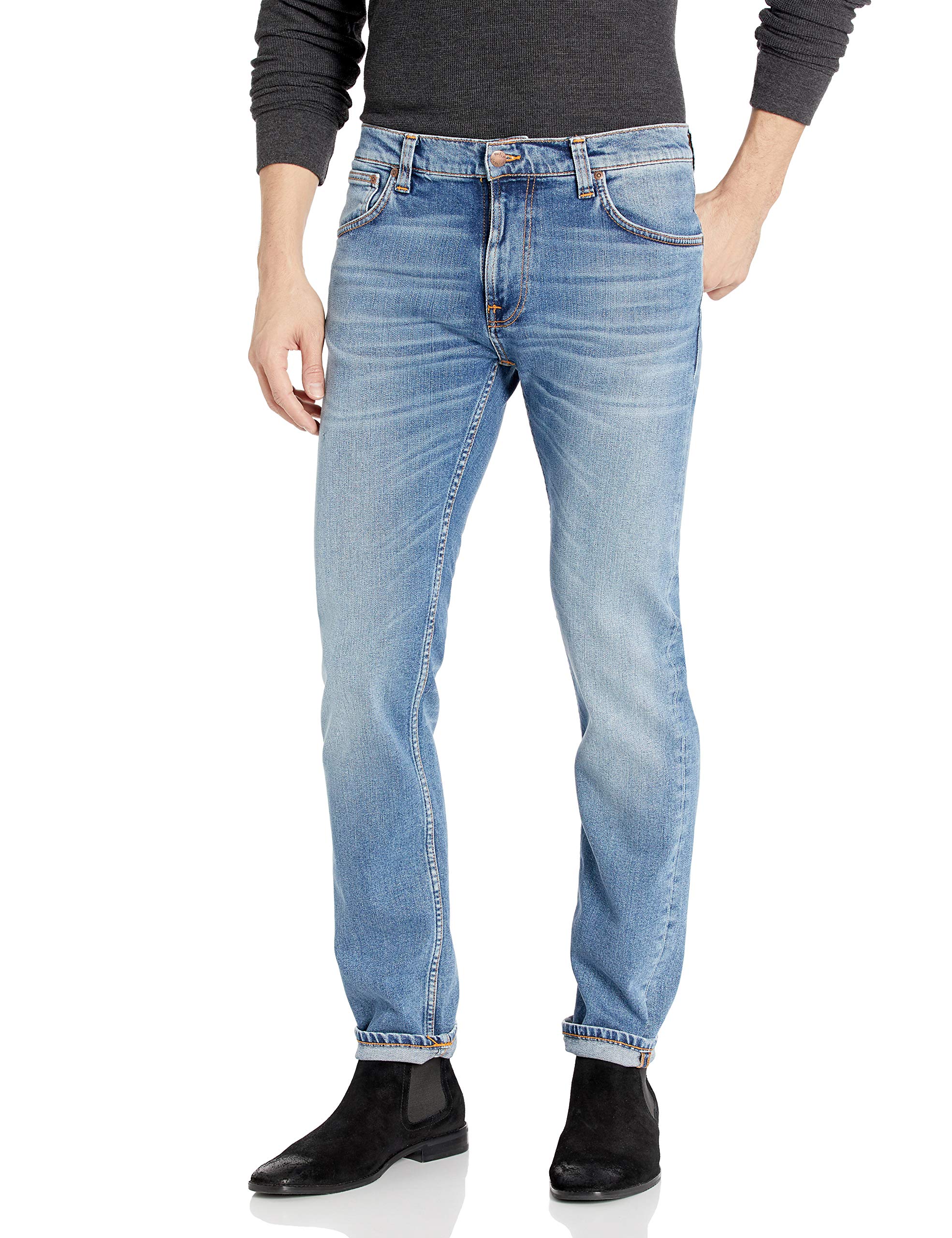 Nudie Jeans Thin Finn Slim Fit Stretch Denim Pants for Men - Lost Orange Wash | Perfect for Casual Wear & Night Out