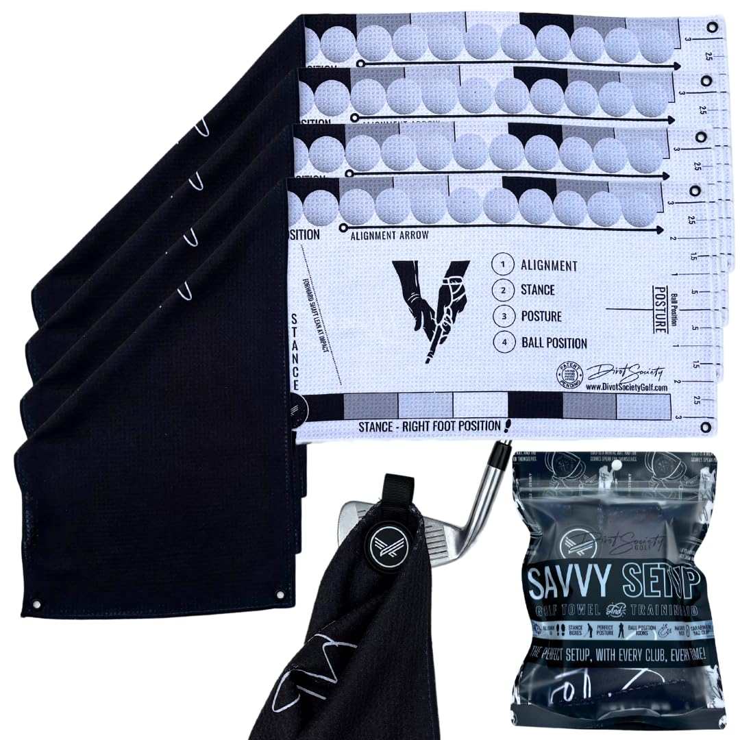 Premium Golf Training Towel 4-Pack - Improve Golf Setup, Swing Consistency & Lower Scores | Ideal for Practice, Driving Range & On-Course Use (Black)