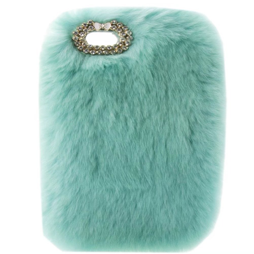 Luxury Diamond Bowknot Fluffy Rabbit Fur Case for iPad 6/Air 2 - Winter Warm Protective Cover with Bling Design (Light Blue) | Perfect for Travel, Home Use & Gift Giving