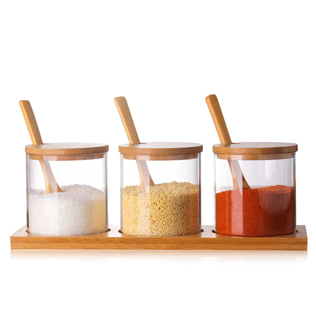 Premium Clear Glass Condiment Jars with Bamboo Lids & Tray - Airtight Spice Storage Containers for Salt, Pepper & Seasonings - Kitchen Countertop Organizer for Restaurants & Home Cooking