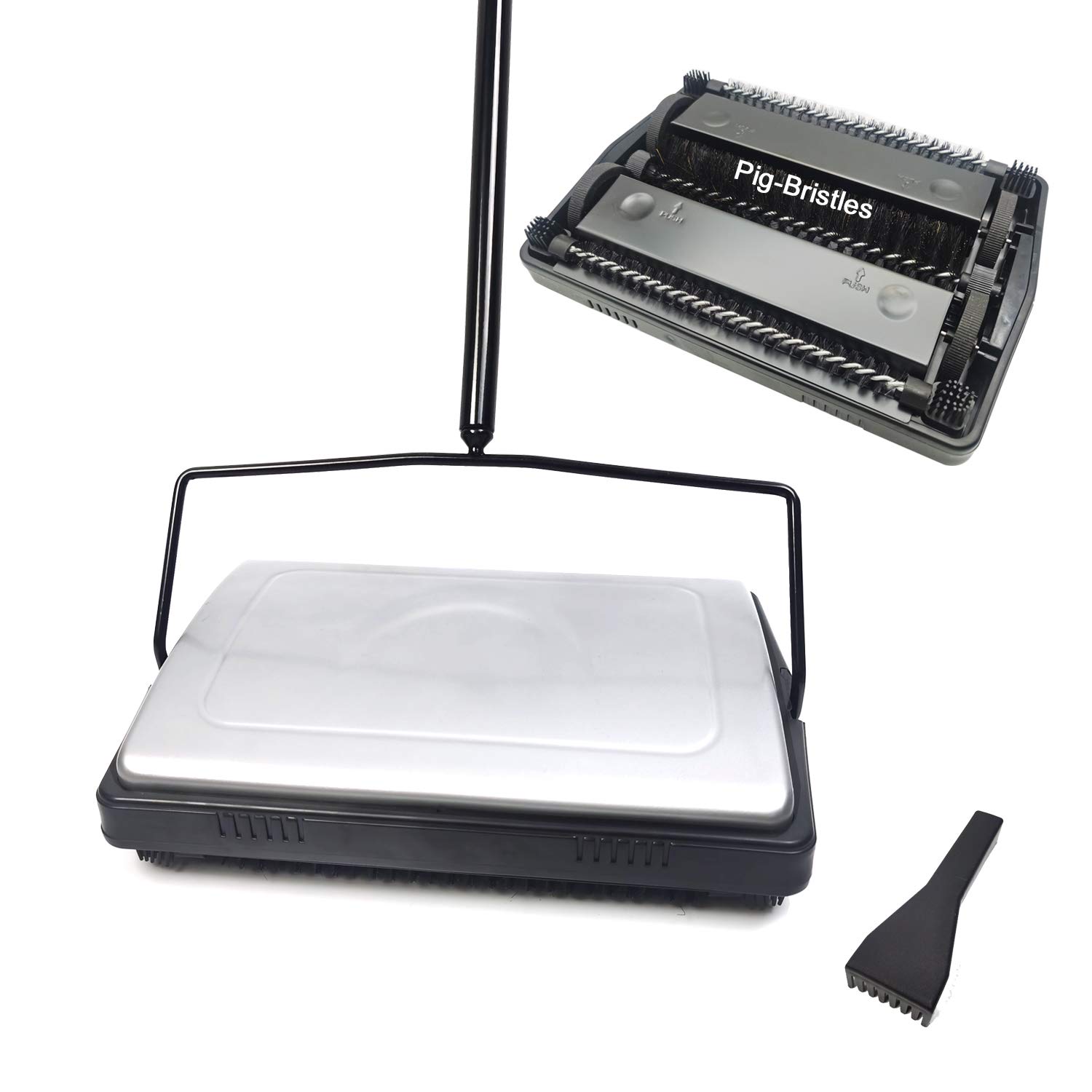 EZ SPARES Quiet Carpet Sweeper with Pig-Bristles - Strong Roller Brush for Home & Office Cleaning