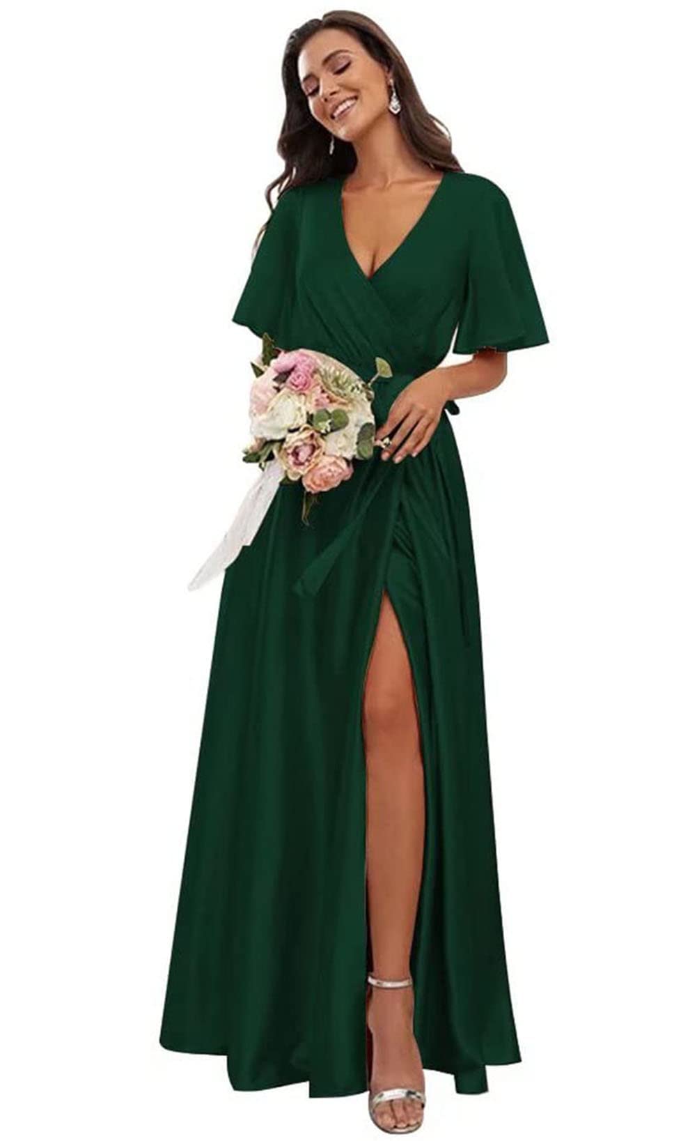 COEYOUES Women's Short Sleeve Bridesmaid Dress with High Slit - A-Line V-Neck Satin Formal Gown for Wedding Guest, Party, Prom & Special Occasions