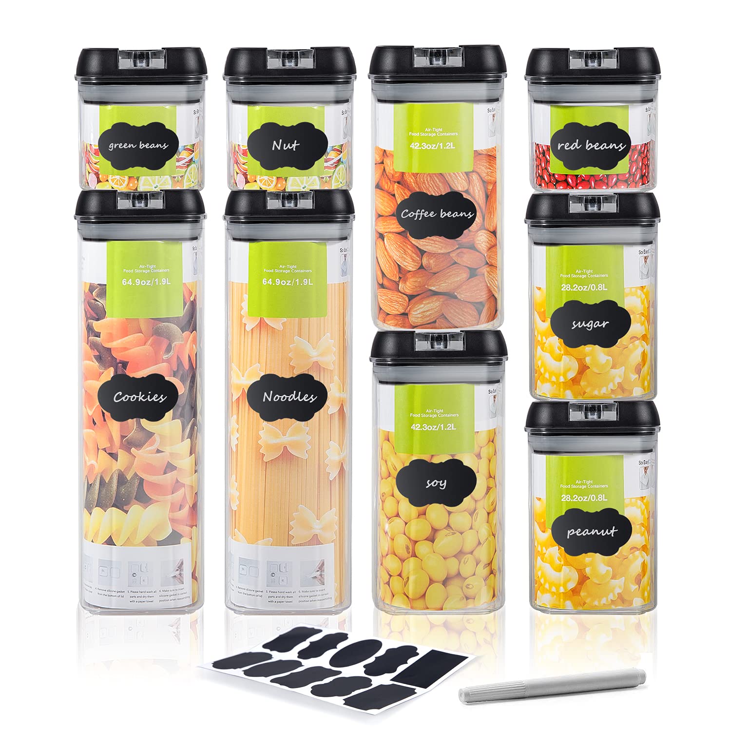 Kaibrite 9-Piece Airtight Food Storage Container Set - BPA Free Plastic Kitchen Organization with Locking Lids for Cereal, Flour, Sugar & Dry Goods - Perfect for Pantry Storage, Meal Prep & Leftovers