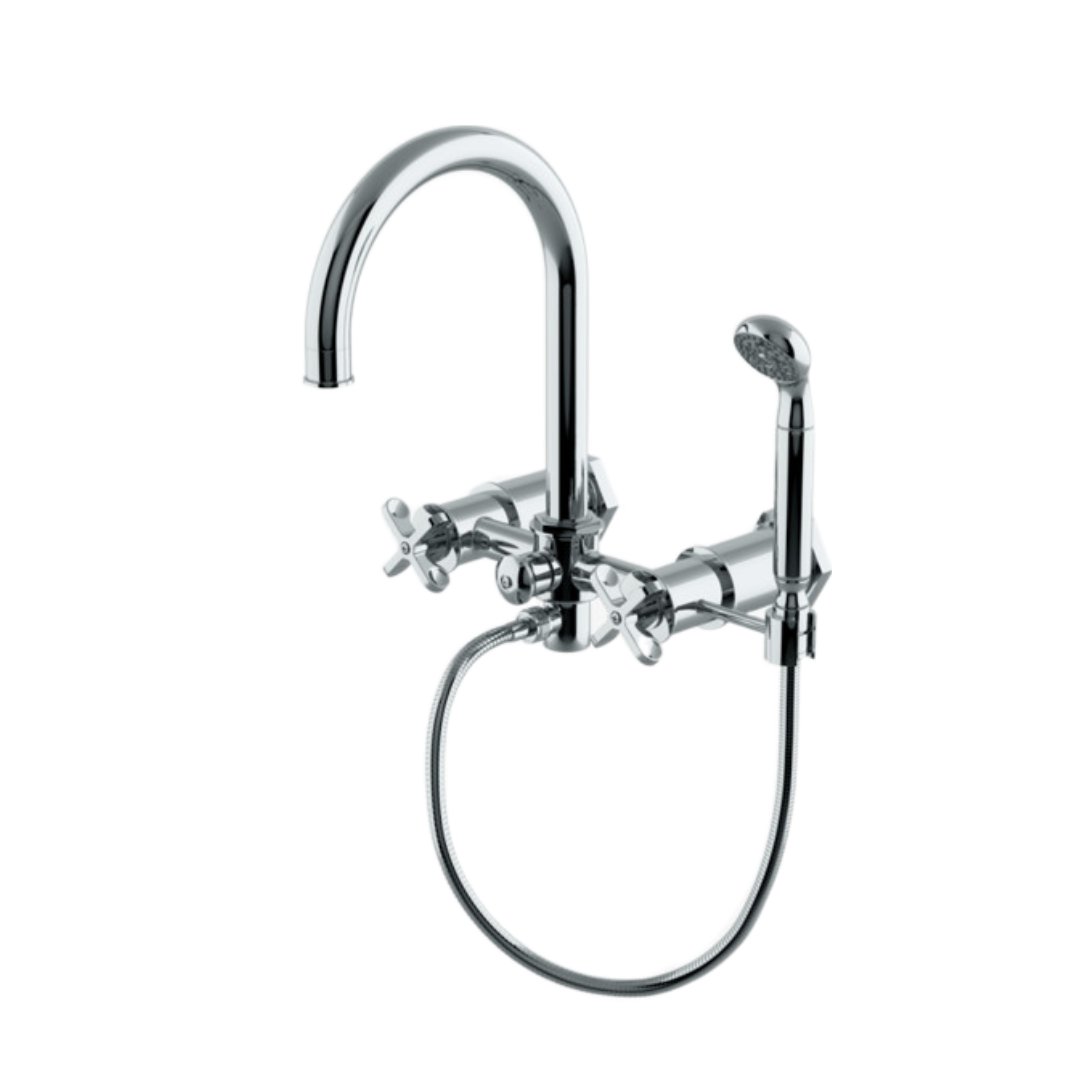 Henry Exposed Wall Mounted Tub Filler with 1.75 GPM Hand Shower & Metal Cross Handles in Chrome Finish - Perfect for Modern Bathroom Renovations and Spa-Like Shower Experiences