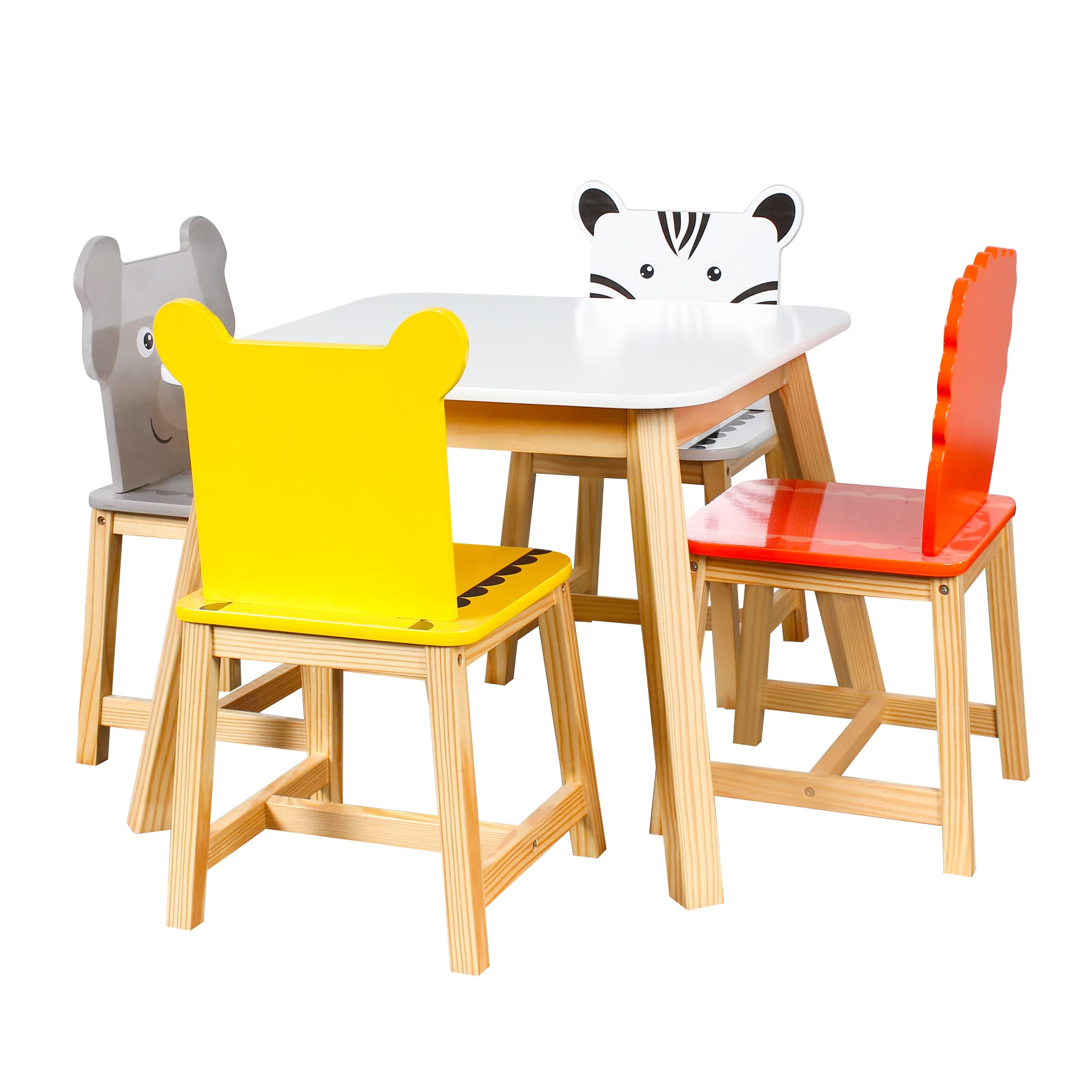 FSCLJ 5-Piece Natural Wooden Kids Table and Chairs Set - Toddler Playroom Furniture for Ages 2-7, Cartoon Animal Themed Art & Craft Activity Table - Perfect for Preschool Learning, Drawing, and Playtime Fun