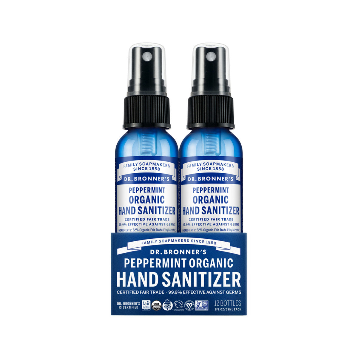 DR BRONNER'S Organic Peppermint Hand Sanitizer - Pack of 12 (2oz Each) | Alcohol-Based, Vegan & Cruelty-Free | Perfect for Travel, Office & On-the-Go Hygiene