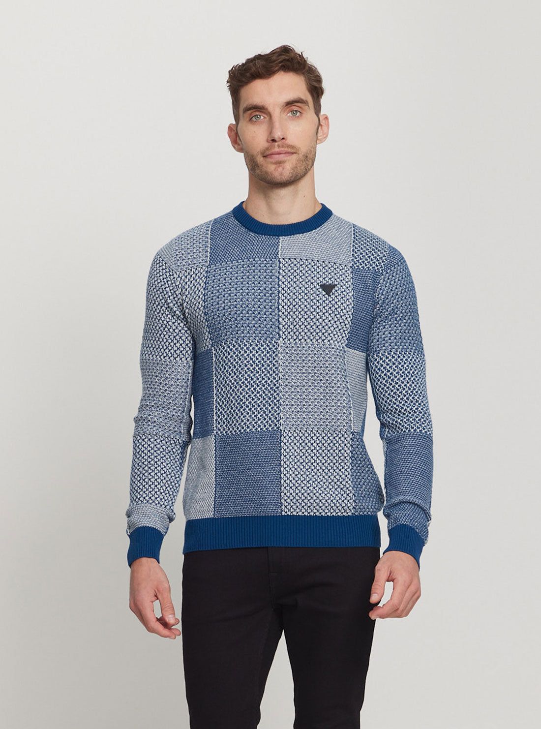Eco-Friendly Blue Patchwork Knit Jumper for Women - Cozy Casual Sweater for Fall & Winter - Perfect for Office, Travel and Weekend Outings