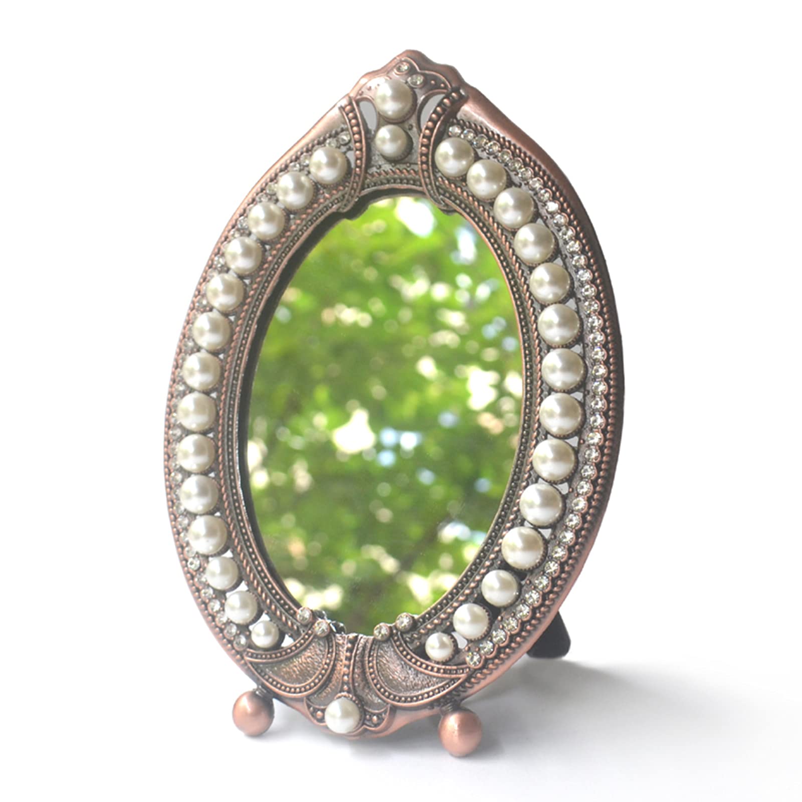 European-Style Oval Vanity Mirror with Pearl Accents - Decorative Tabletop Makeup Mirror for Bathroom & Bedroom | Elegant Home Decor for Dressing Tables, Vanity Areas & Luxury Spaces
