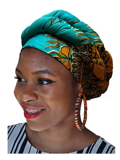 Stylish Blue African Print Pre-Tied Modu Hat DP3769PT - Perfect for Beach Vacations, Summer Parties & Cultural Events