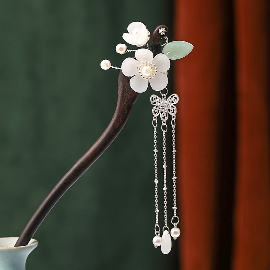 QZH Wooden Hair Forks with Flower Pearls - Hairpins, Clips & Chopsticks for Women - Elegant Hair Styling Jewelry for Weddings, Parties & Everyday Use