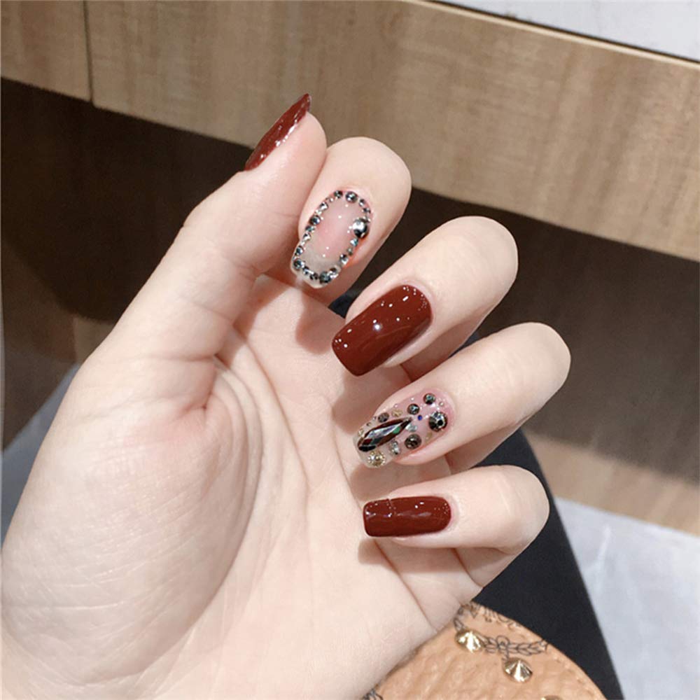 Aimimier 24Pcs Short Square False Nails with Rhinestone Designs - Glue & Sticker Included - Salon Quality Press on Nails for Women & Girls (Style 6) - Perfect for Parties, Weddings & Special Occasions