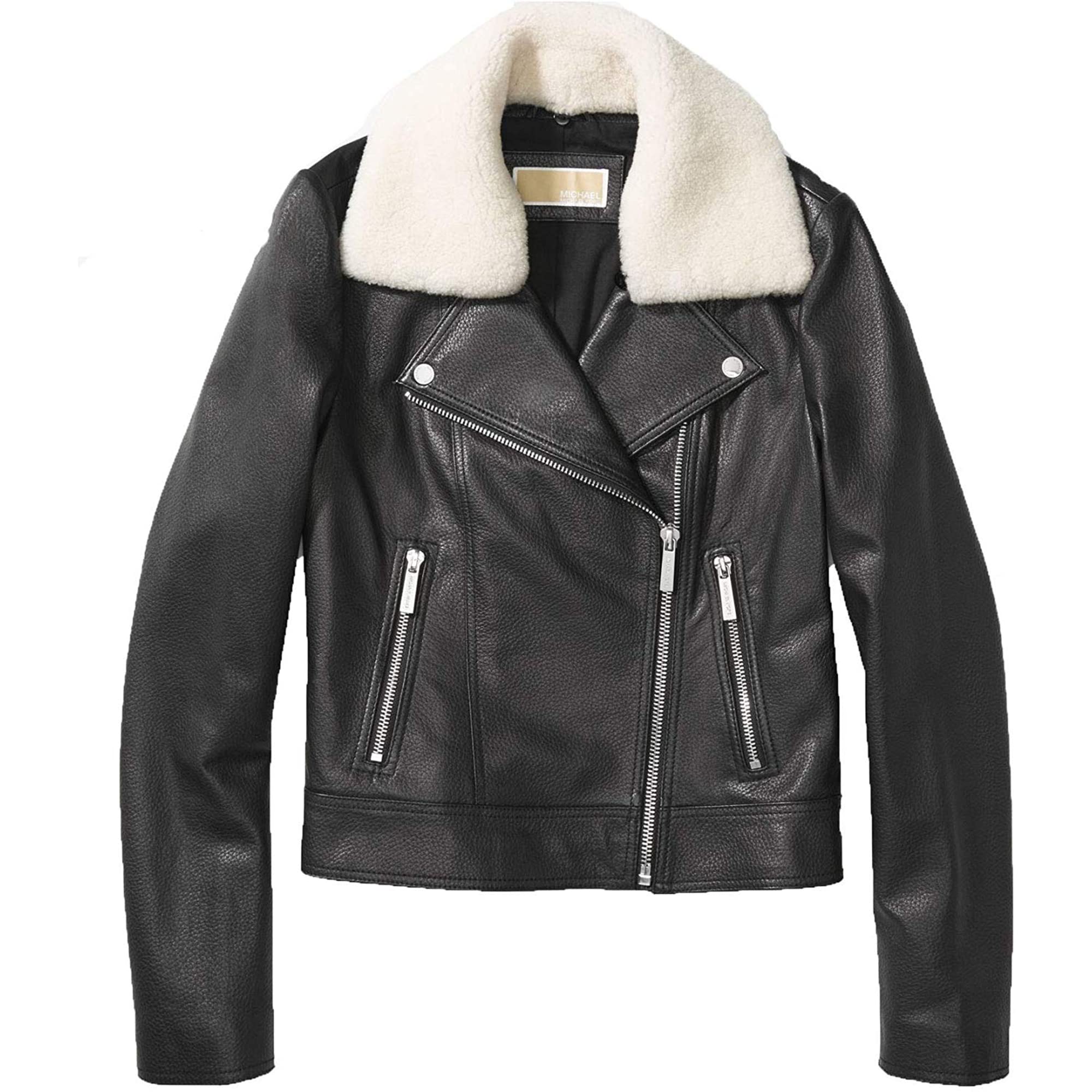 Michael Kors Women's Black Leather Jacket with Shearling Collar | Genuine Leather Motorcycle Jacket | Winter Fashion Outerwear for Casual & Night Out