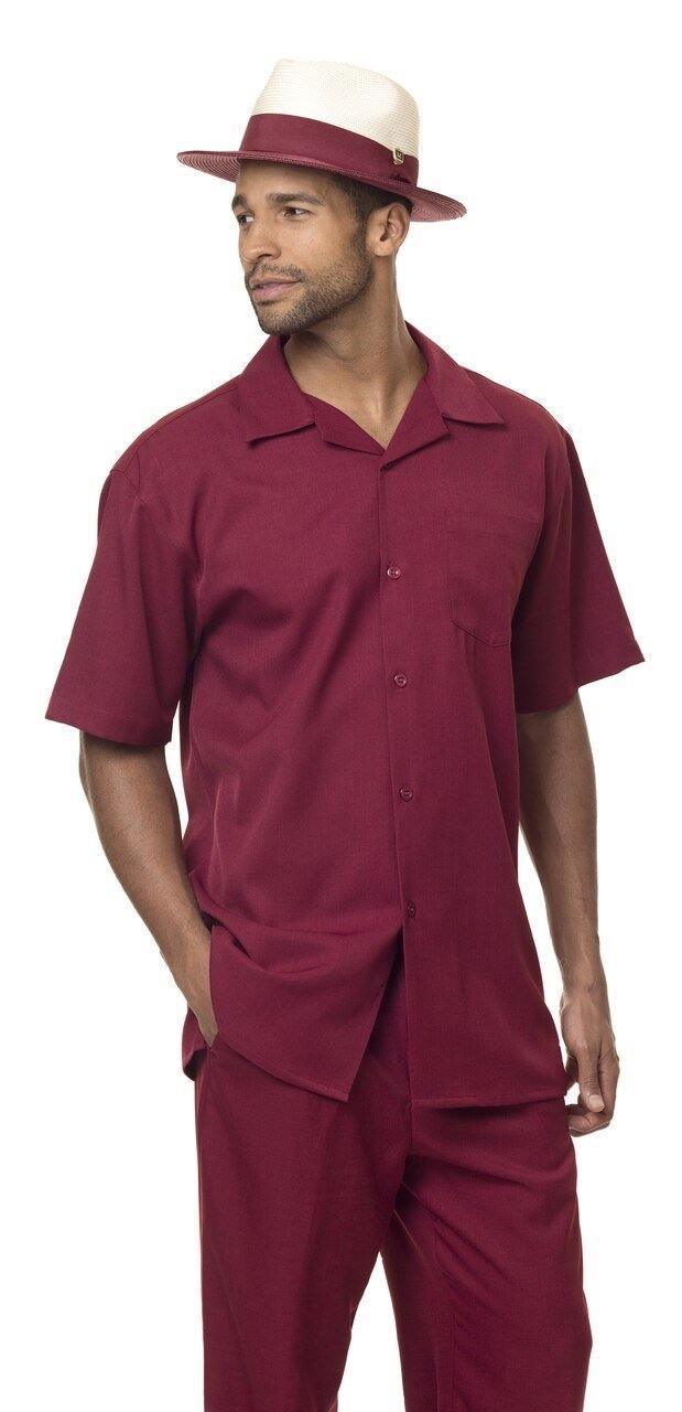 Montique Men's 2-Piece Short Sleeve Walking Suit - Solid Burgundy Color, Lightweight & Breathable Summer Outfit for Casual Wear, Travel & Outdoor Activities