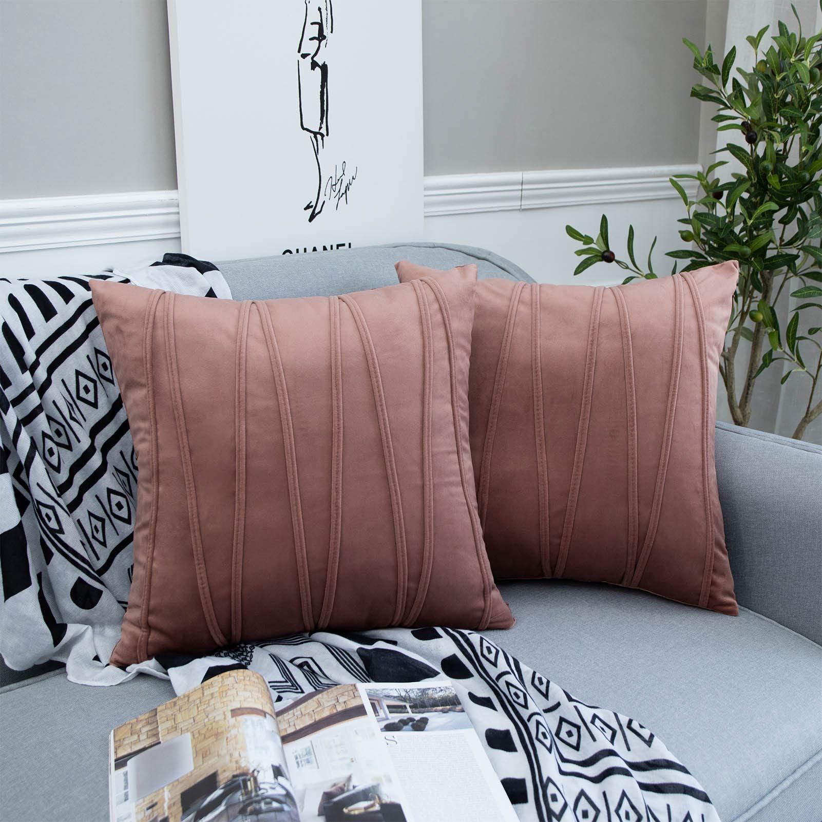 Luxury Velvet Striped Decorative Throw Pillow Covers Set of 2 - 26x26 Inch Soft Cushion Covers for Sofa, Couch, Bed - Perfect for Living Room, Bedroom & Home Decor (Jam Pattern)