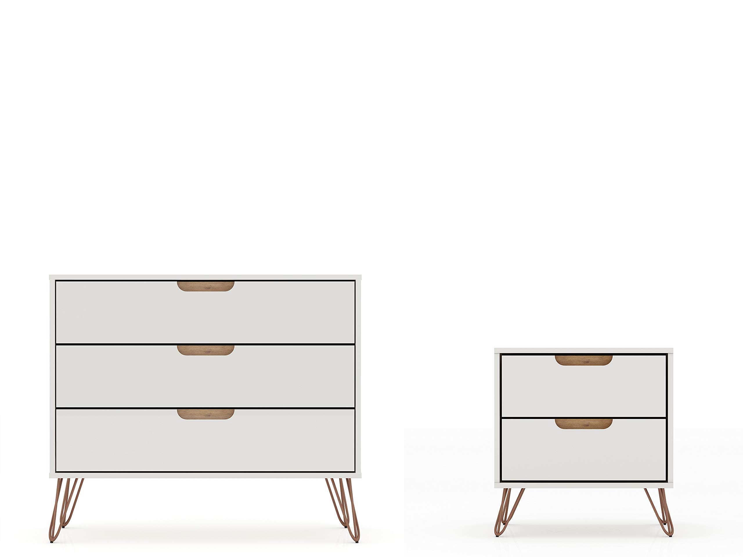 Mid-Century Modern 3-Drawer Dresser & Nightstand Set - Manhattan Comfort Rockefeller Bedroom Furniture in Off White/Nature - Perfect for Master Bedroom, Guest Room, or Apartment Storage