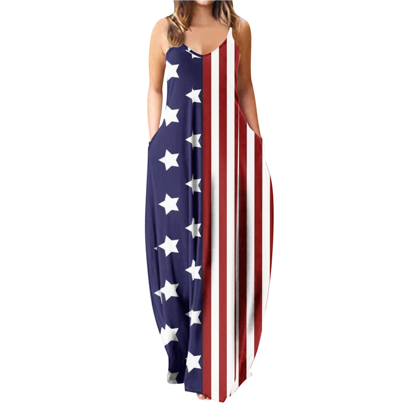 Women's 4th of July Sleeveless Maxi Dress - Flowy Loose Fit Summer Beach Dress with Patriotic Print, Perfect for Independence Day, BBQ Parties & Casual Outings
