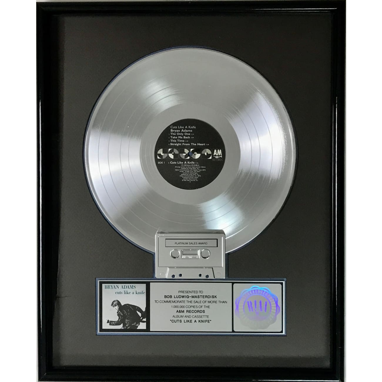 Bryan Adams 'Cuts Like A Knife' RIAA Certified Platinum Album Award - Perfect for Music Collectors, Memorabilia Displays & Rock Fan Gifts