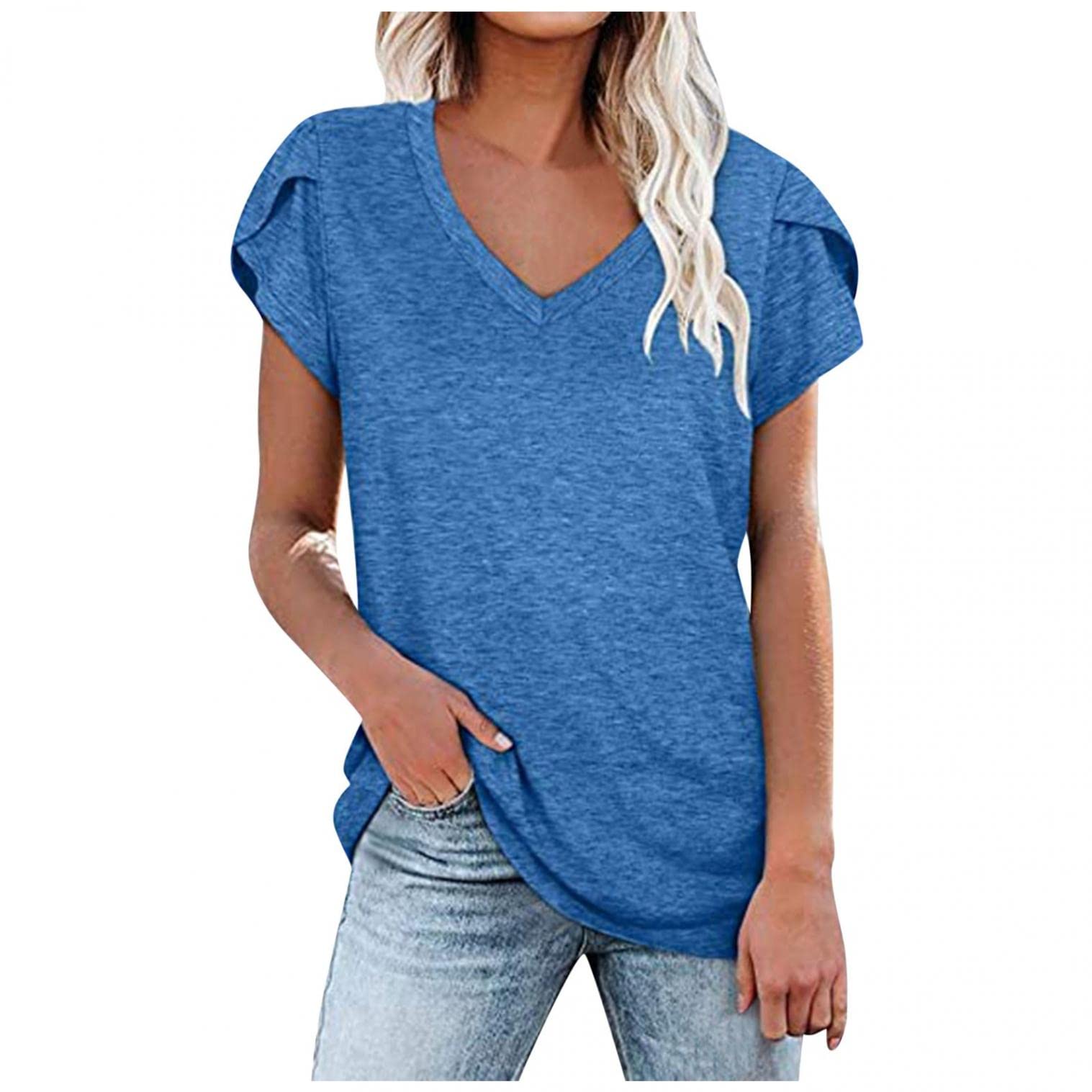 Masbird Women's V-Neck Short Sleeve Tops - Flowy Petal Sleeve Summer Blouse, Loose Fit Casual Solid Color Tunic Shirt for Women | Perfect for Beach Outings, Office Wear & Weekend Brunch