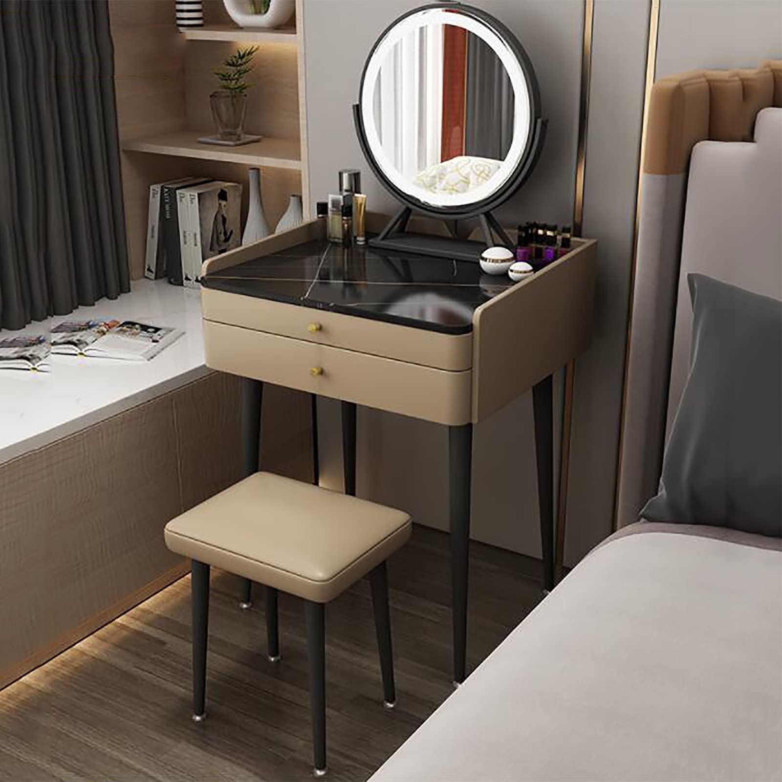 Modern LED Vanity Set with Adjustable Brightness - Dressing Table with Storage Drawers & Cushioned Stool for Women & Girls - Perfect for Bedroom Makeup, Skincare & Hair Styling