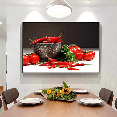 Hand Painted Tomato Pepper Wall Art Canvas - Kitchen Decor for Home