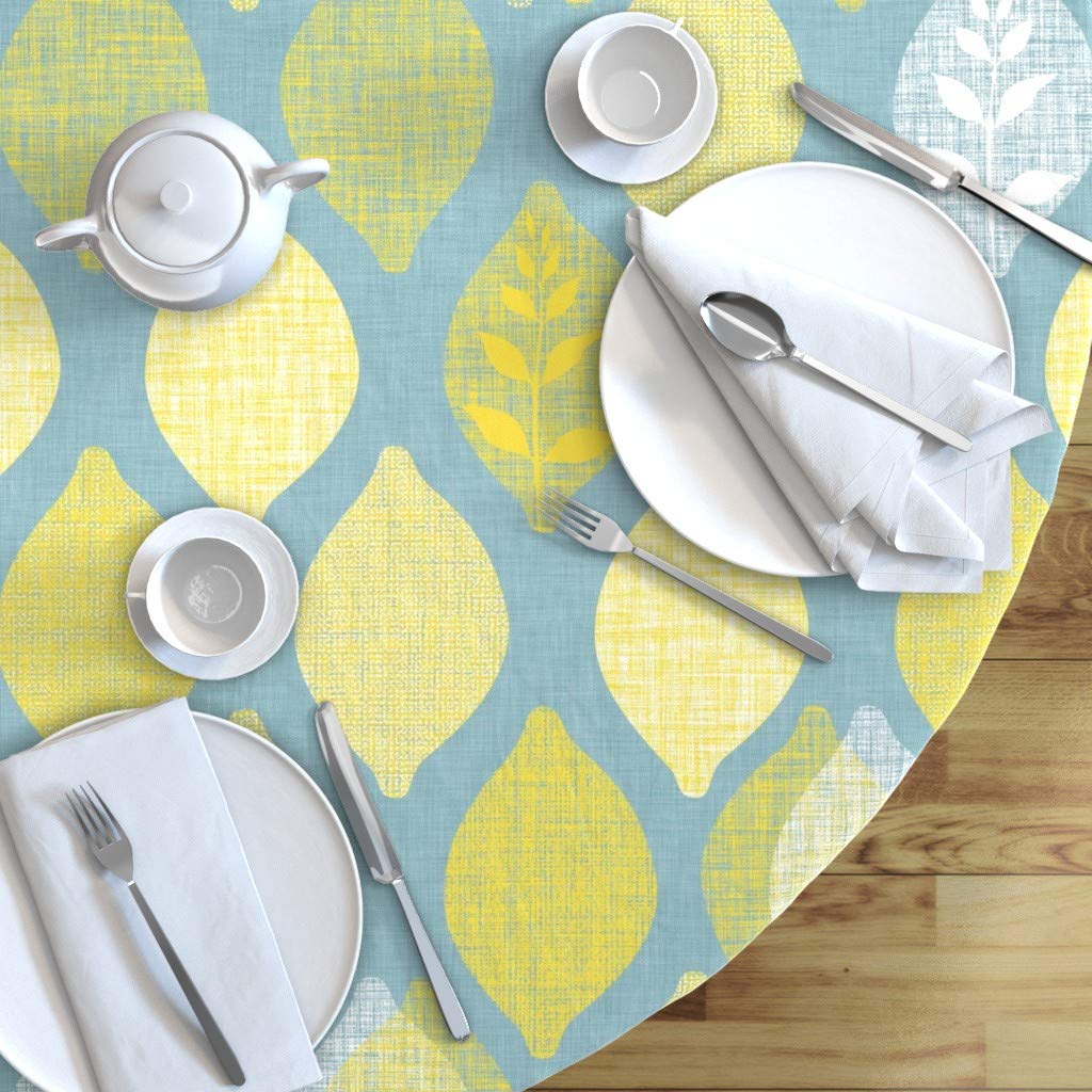 Mid Century Lemons Fruit Trees Citrus Print Cotton Sateen Tablecloth - 70 Inch Round Custom Table Linens for Summer Lemonade Party, Coastal Dining & Kitchen Decor