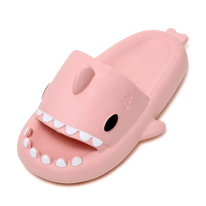 PLMOKN Women's Shark Slide Slippers - Soft Pillow Cloud Sandals for Indoor/Outdoor, Non-Slip Shower Spa Shoes - Cute Animal Design for Women, Men & Kids (Pink, US Size 8-9) - Perfect for Home, Beach, Poolside & Relaxation