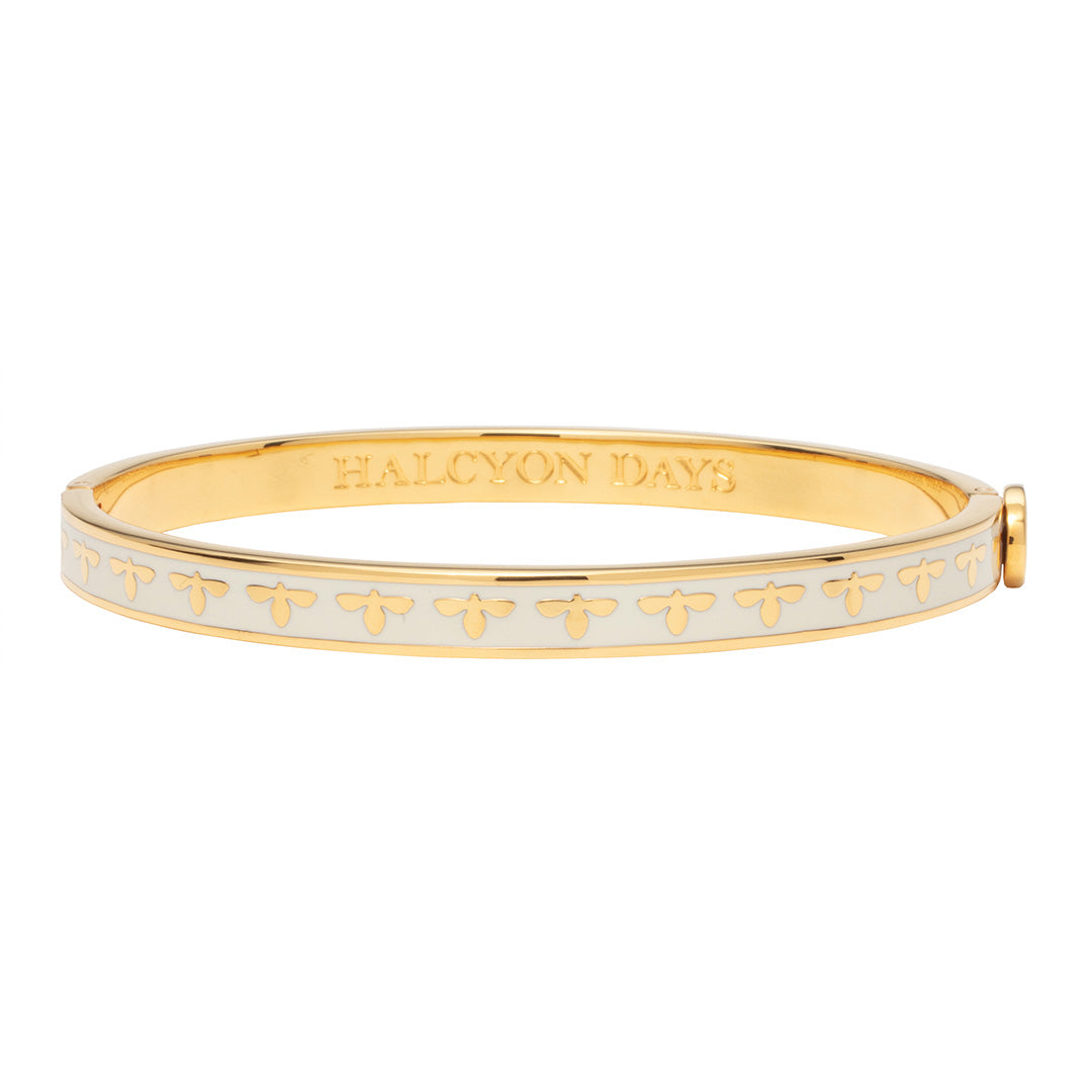 Bee Enamel Hinged Bangle Bracelet - Cream White Vintage Jewelry for Women - Perfect for Weddings, Parties & Everyday Elegance