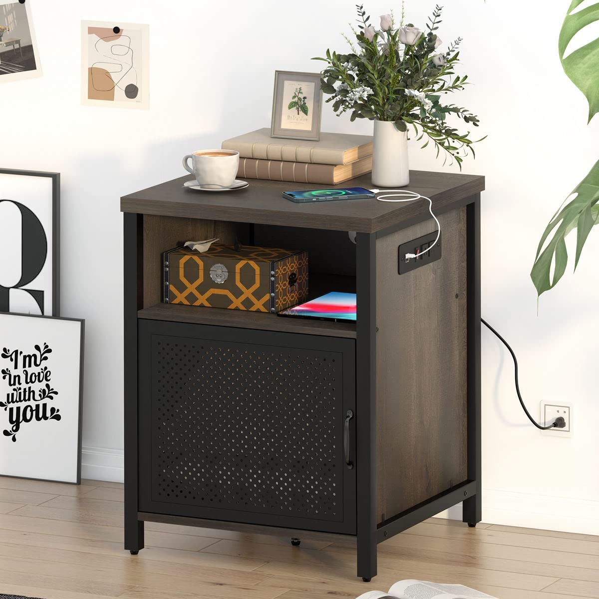 Farmhouse Side Table with Charging Station - Rustic Wood & Metal Nightstand for Bedroom, Living Room - Small Sofa Side Table with Storage - Walnut Brown - Perfect for Bedside, Living Room & Home Office Use