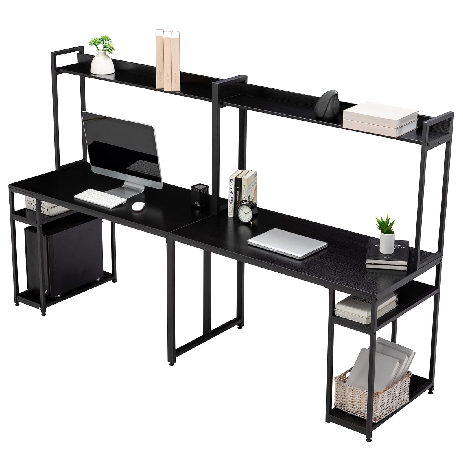 Two Person Computer Desk with Hutch & Monitor Stand - Black Double Workstation with Open Storage Shelves - Large Home Office Desk for Dual Workspace - Perfect for Shared Study, Writing & Remote Work