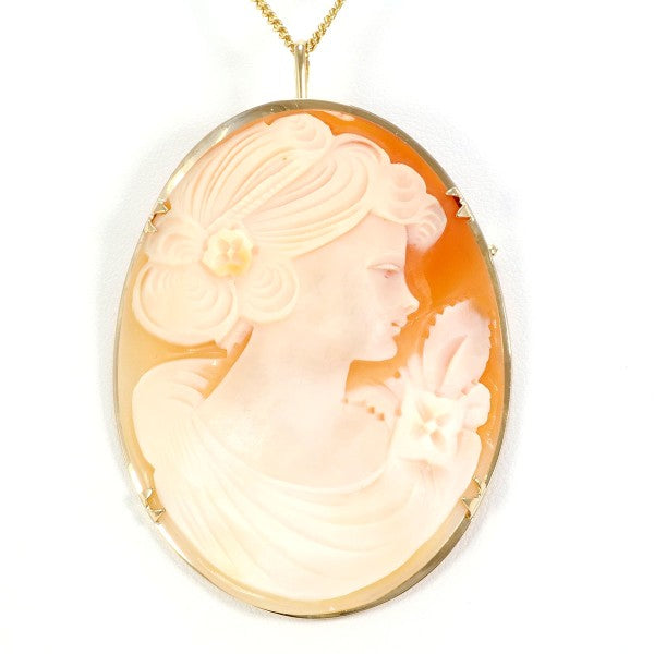 18K Yellow Gold Shell Cameo 2-Way Convertible Necklace & Brooch - Vintage Jewelry for Women, Elegant Gift for Mother's Day, Anniversary & Special Occasions