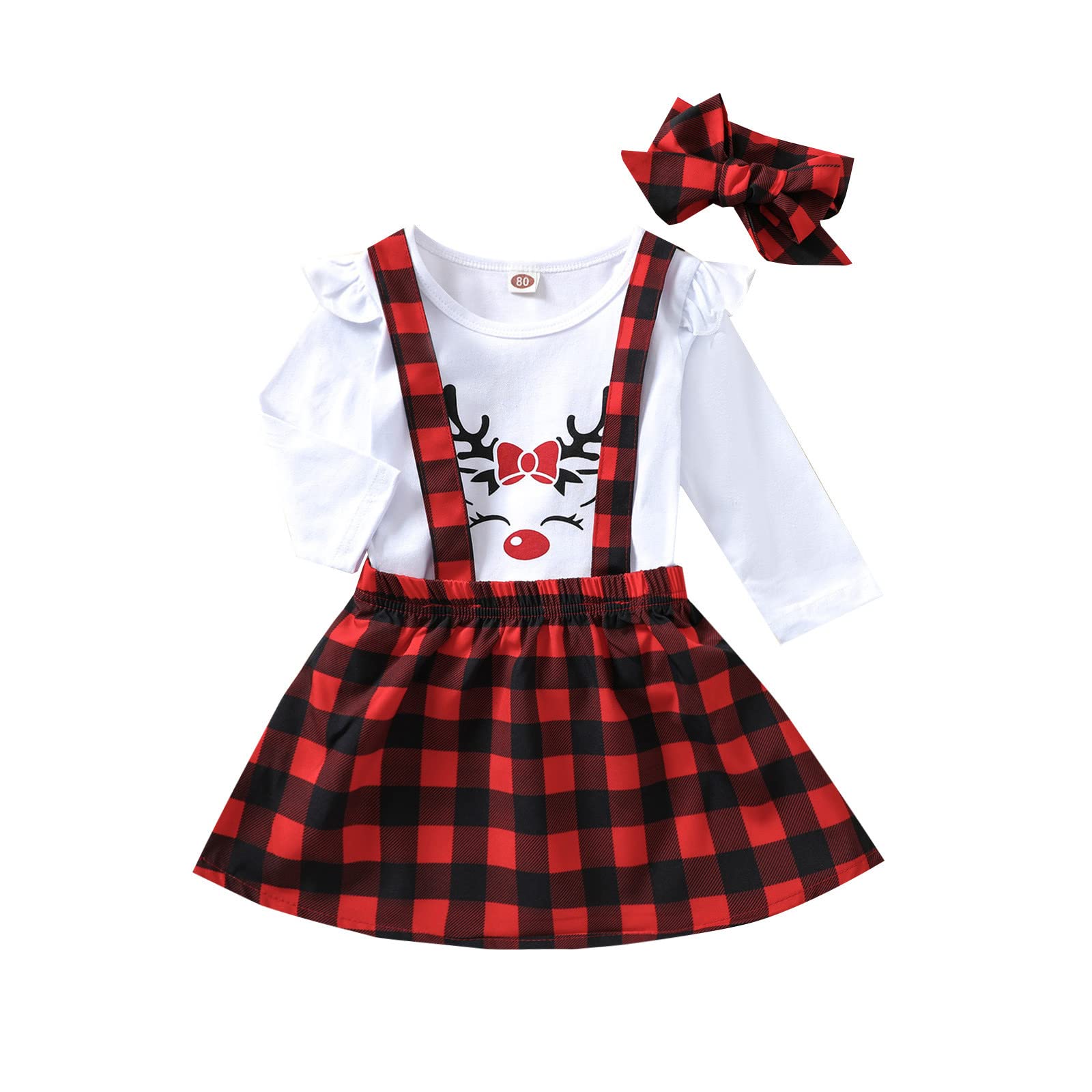 Girls Christmas Outfits Set - Long Sleeve Deer Printed Top with Plaid Dot Cartoon Suspender Skirt & Headband | Holiday Party, Family Photos, School Celebration