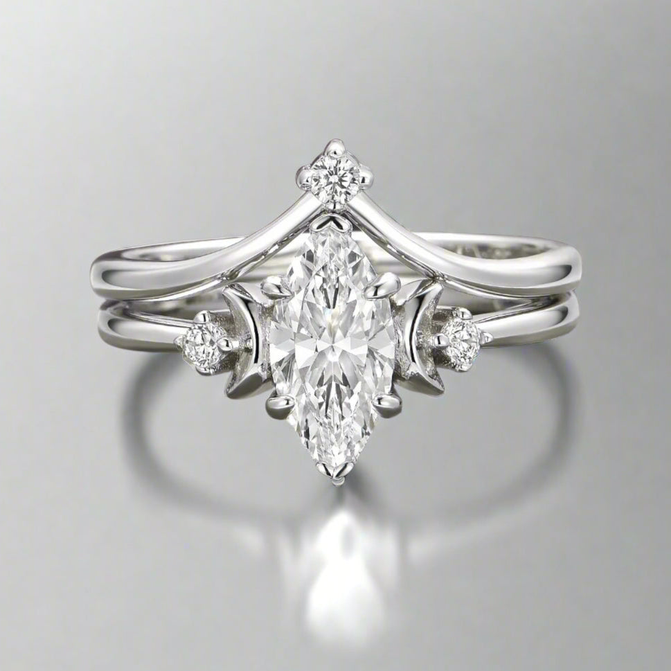 Exquisite 14K White Gold Crescent Moon Moissanite Engagement Ring Set for Women - Perfect for Proposals, Anniversaries & Special Occasions