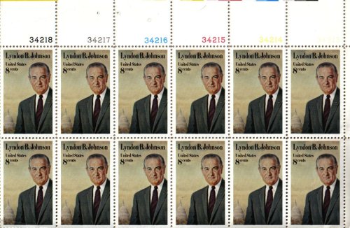 1973 Lyndon B Johnson US Postage Stamps - Plate Block of 12 for Collectors