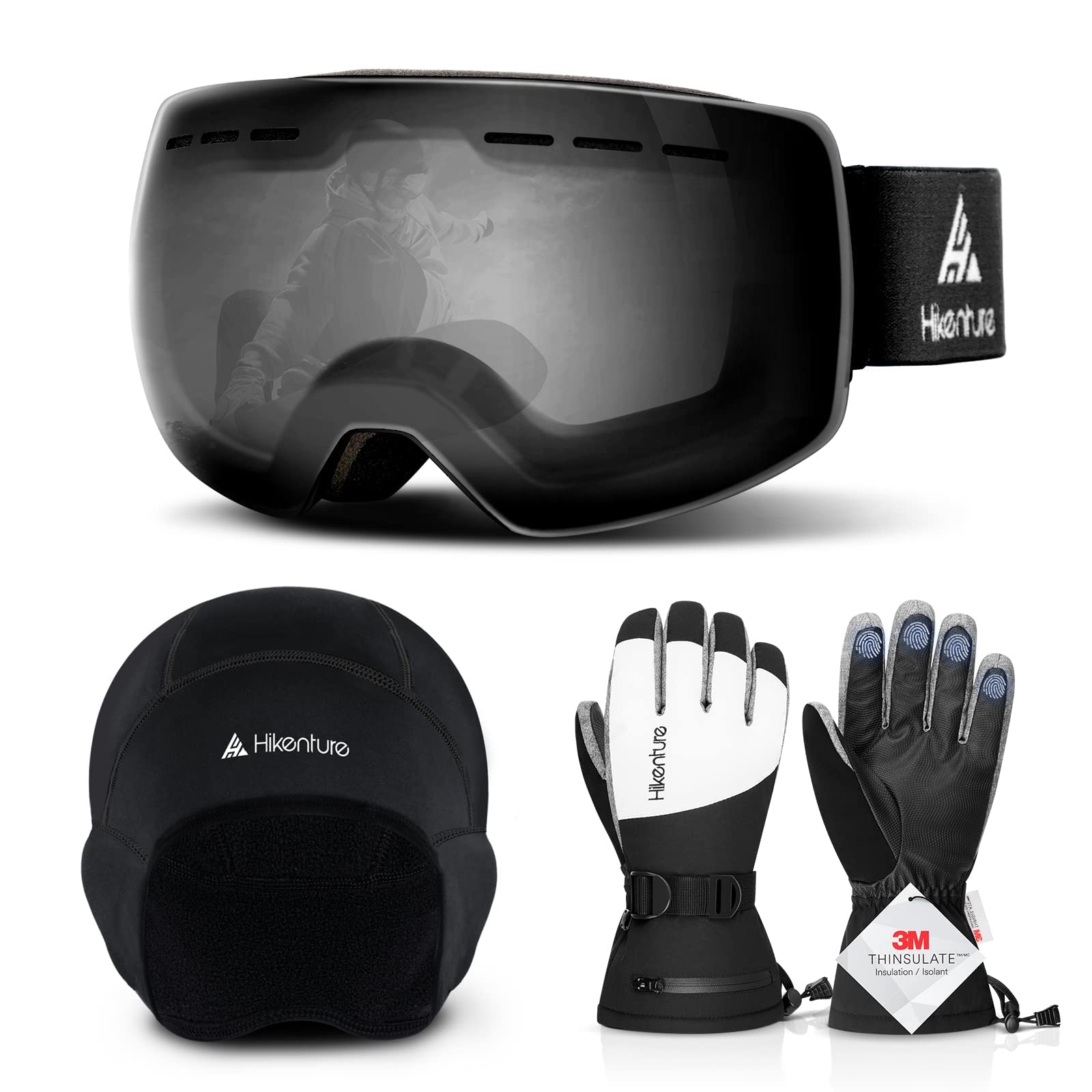 Hikenture Ski Goggles, Skull Cap & Gloves Set - Grey, Medium Size - Perfect for Skiing, Snowboarding & Winter Sports