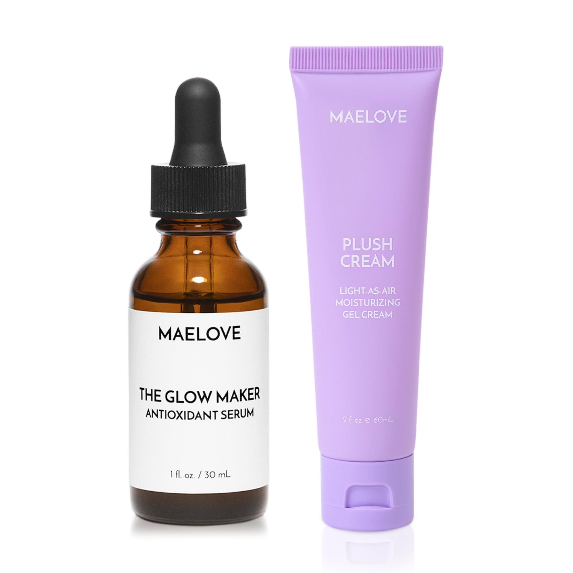 MAELOVE Vitamin C Serum & Moisturizer Set - Glow Maker with 15% Vitamin C, E, Ferulic & Hyaluronic Acid (1 fl oz) + Plush Cream with Squalane & Hyaluronic Acid (2 fl oz) - Brightening, Hydrating Skincare Duo for Face - Vegan, Unscented - Perfect for Morning & Night Routine, Anti-Aging & Dry Skin Care