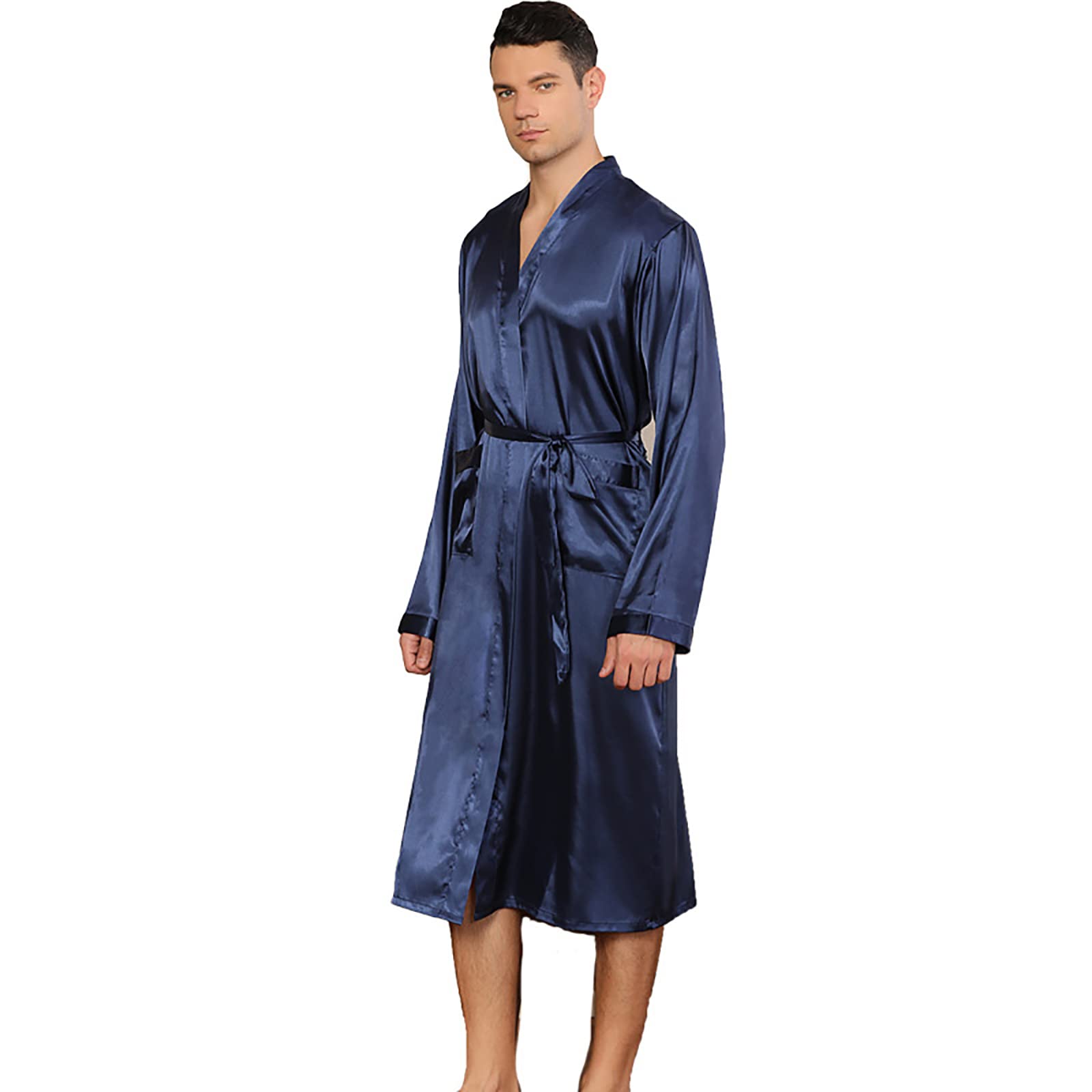 Luxury Men's Satin Kimono Robe - Soft Summer Pajama Robe with Long Sleeves, Solid Color Bathrobe for Home & Lounge (Blue, Small) | Perfect for Spa Nights, Relaxation & Gift Giving