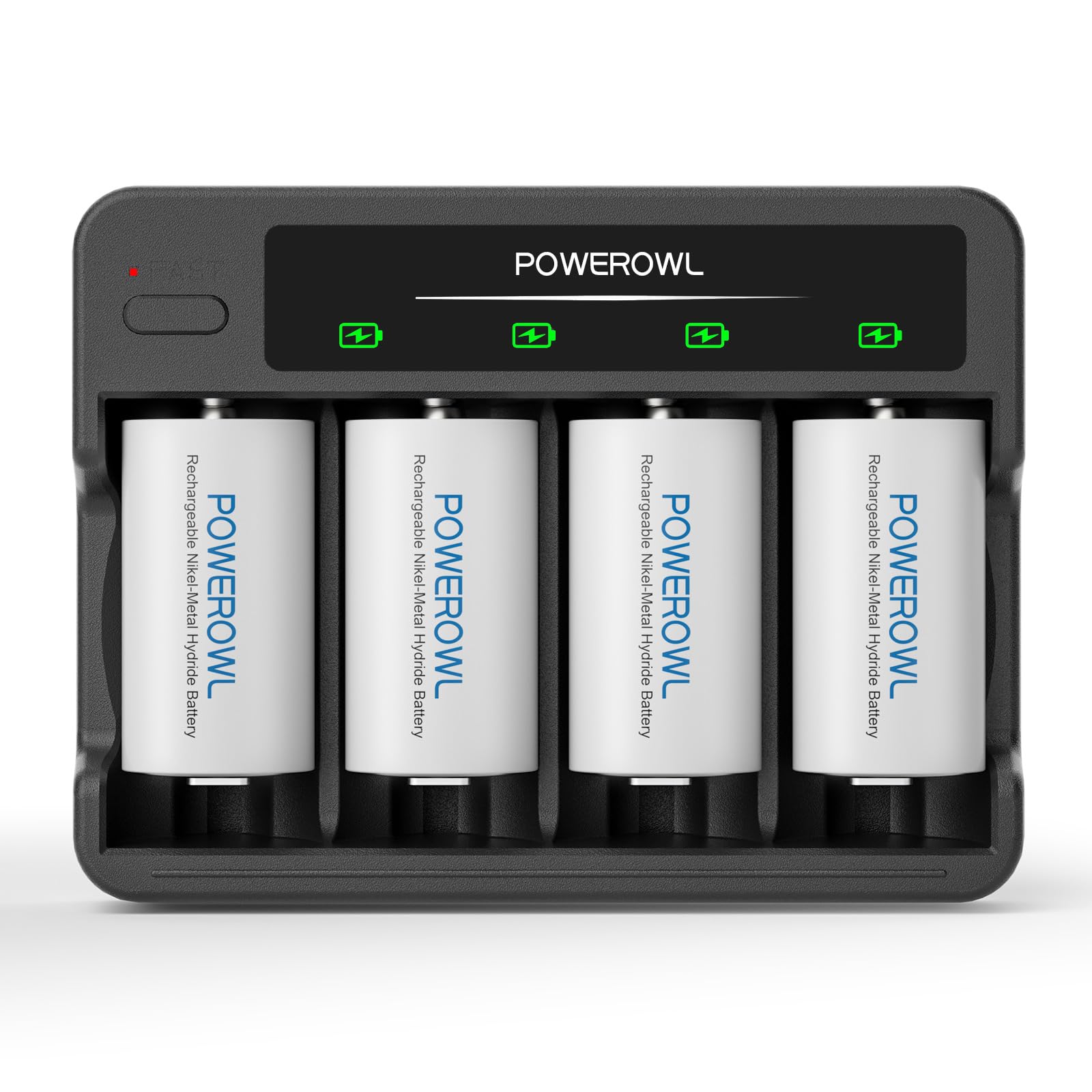 POWEROWL Rechargeable D Batteries (4-Pack) with 4 Bay USB Fast Charger - Compatible with AA AAA C D Ni-MH Ni-CD Batteries - Ideal for Flashlights, Toys, and Emergency Power Backup