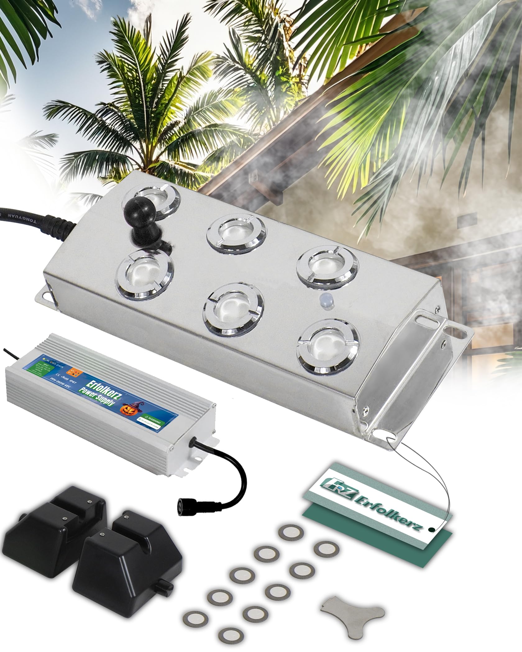 6-Head Ultrasonic Mist Maker for Ponds, Water Fogger with Float & Power Supply - Perfect for Halloween Decor, Outdoor Landscaping, Greenhouse Humidification, Rockery & Lawn Enhancement