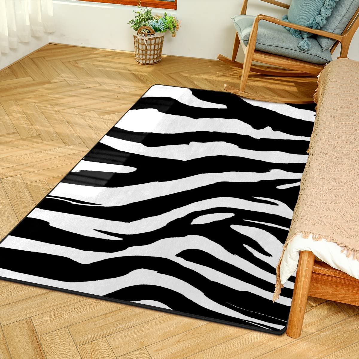 72x48 Inch Non-Slip Sponge Velvet Area Rug - Soft Zebra Striped Floor Runner for Kitchen, Bedroom, Living & Dining Room | Black & White Home Decor Rug for Cozy Indoor Spaces