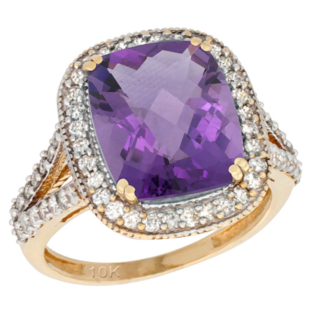 10K Yellow Gold Natural Amethyst Ring - 12x10mm Cushion Cut with Diamond Halo - Size 5-10 - Elegant Jewelry for Women, Perfect Gift for Anniversary, Birthday & Special Occasions