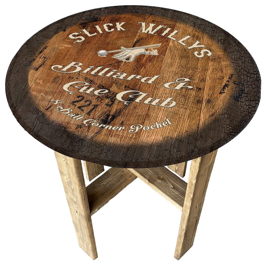 Rustic Whiskey Barrel End Table - Farmhouse Pub Wall Decor for Pool Hall & Billiard Room - Perfect for Home Bar, Man Cave, and Game Room Decor