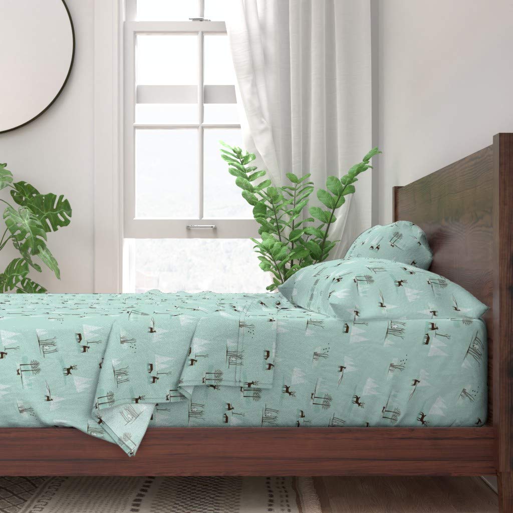 100% Cotton Queen Size 4-Piece Bed Sheet Set - Winter Sasquatch Toile Design with Woodland Animals, Deer, Fox & Pine Tree Print | Cryptozoology Themed Custom Bedding | Perfect for Cozy Winter Nights & Cabin Decor