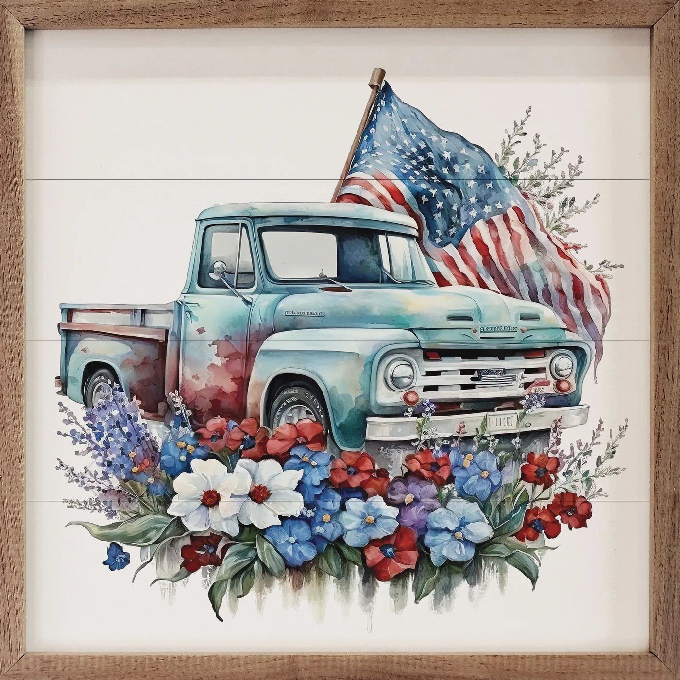 Blue Truck with American Flag - Wood Framed Wall Art Print for Home & Office Decor | Perfect for Living Room, Bedroom or Man Cave