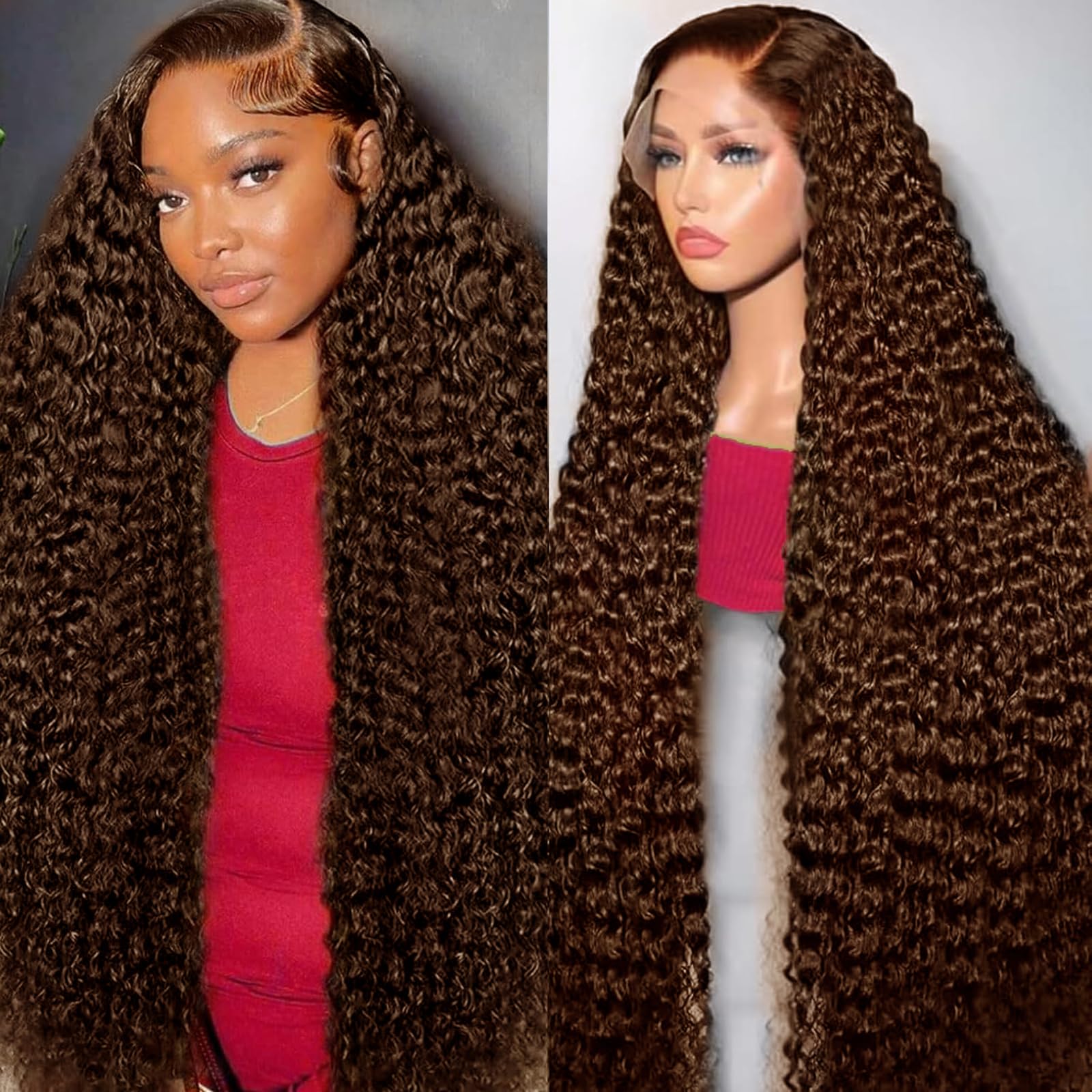 30 Inch Chocolate Brown Deep Wave Lace Front Wigs Human Hair 200% Density 13x6 HD Lace Frontal - Glueless Curly Human Hair Wig for Women with Pre-Plucked Natural Hairline | Perfect for Daily Wear, Cosplay, and Special Occasions
