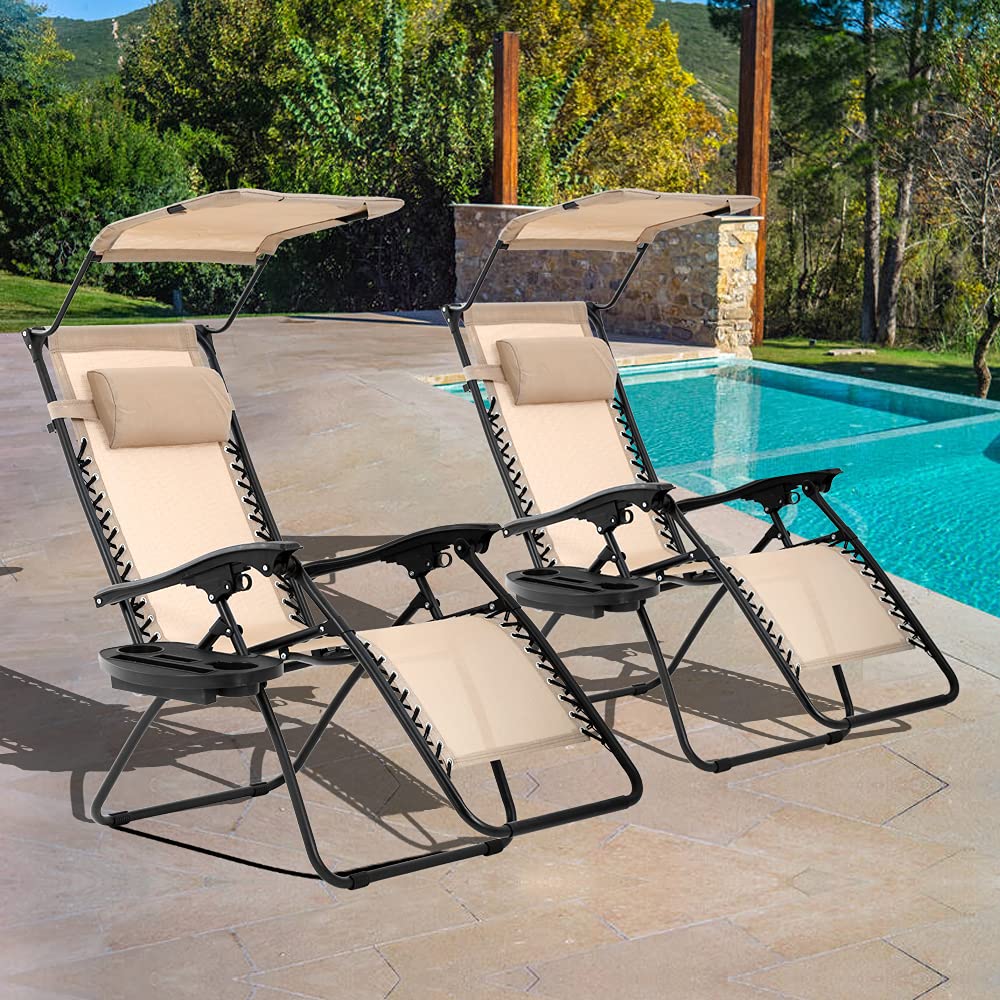 Premium Zero Gravity Recliner Chair 2-Pack - Adjustable Folding Outdoor Lounge Chair with Cup Holder & Canopy Shade for Patio, Poolside, Beach, Camping & Backyard Relaxation - Comfortable Tan Chaise for Sunbathing & Leisure Time
