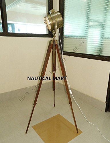 NauticalMart Handmade Designer Wooden Tripod Floor Lamp with Adjustable Searchlight - Perfect for Living Room, Bedroom, or Office Decor