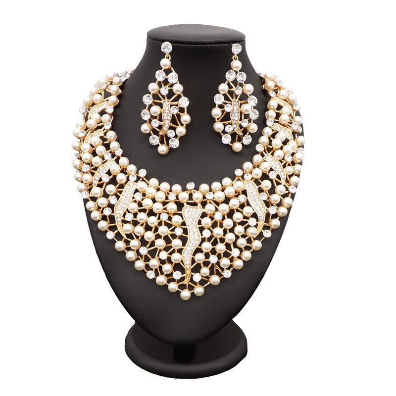 Women's Gold Plated Nigerian Beads Necklace & Earrings Set - African Inspired Costume Jewelry for Parties, Weddings & Cultural Events