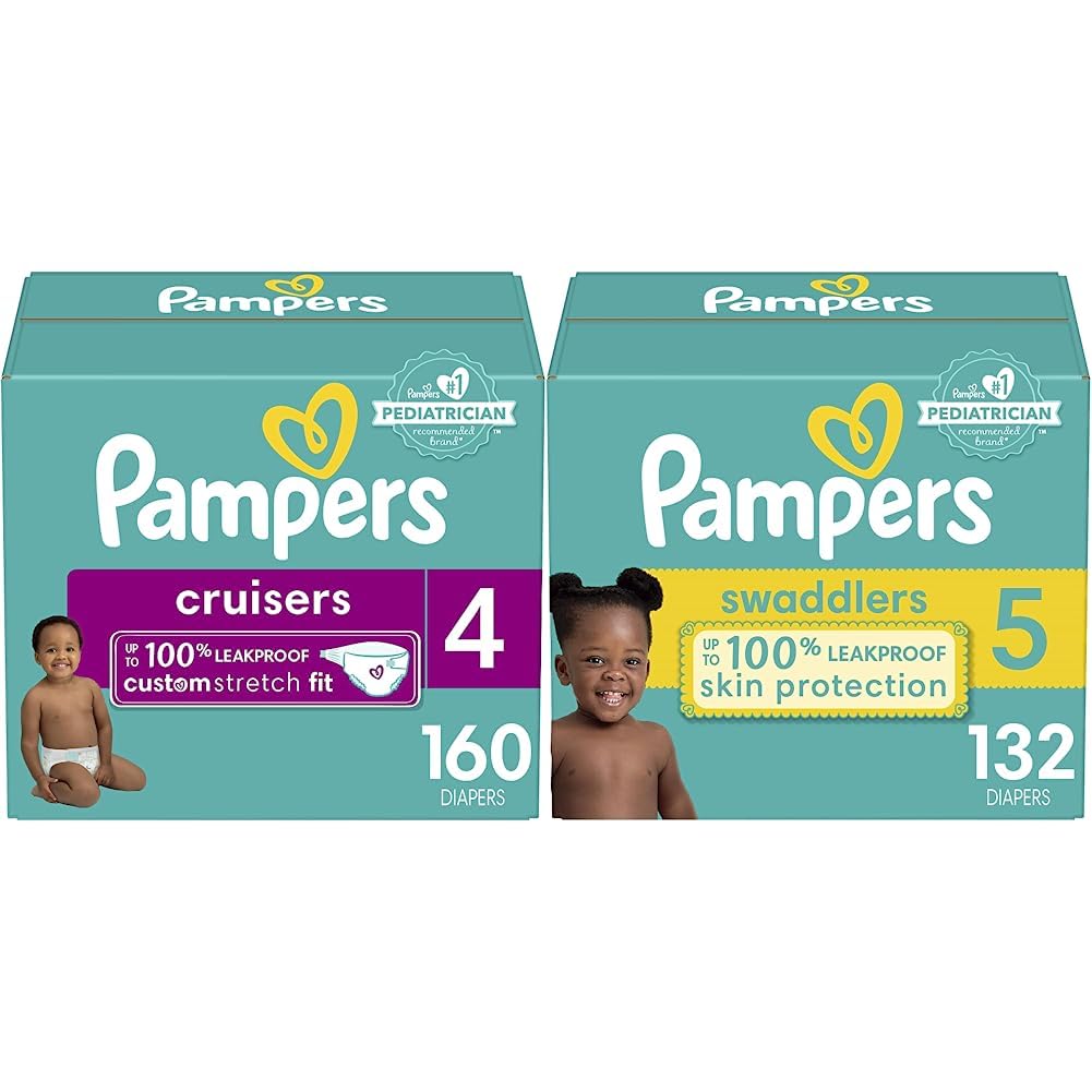 Pampers Cruisers Size 4 Disposable Baby Diapers - 160 Count (Packaging May Vary) | Ultra Absorbent for Active Babies | Daycare & Overnight Protection   Pampers Swaddlers Size 5 Disposable Baby Diapers - 132 Count (Packaging May Vary) | Gentle Protection for Newborns | Perfect for Nighttime & Travel Use